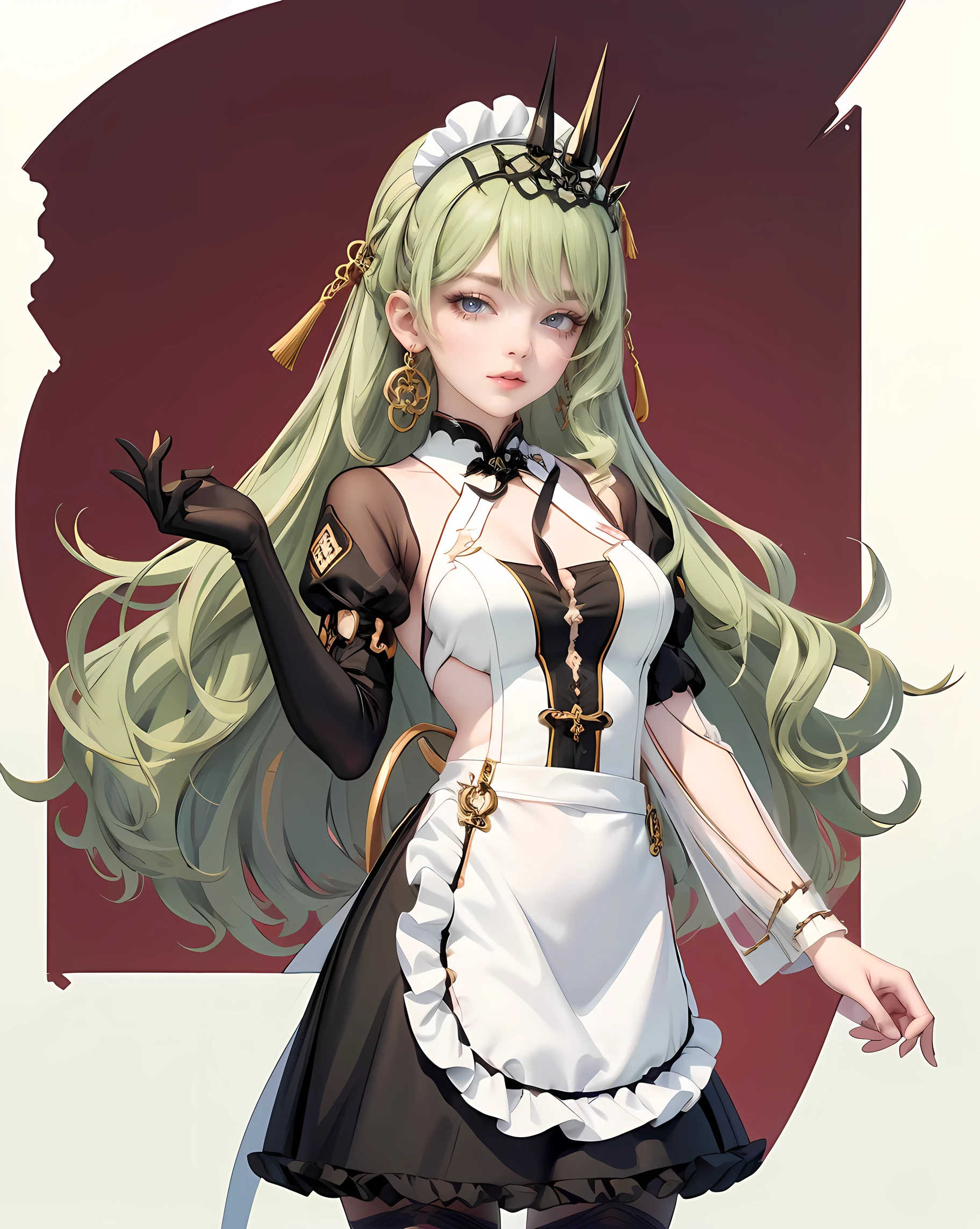 1girl, green hair, harness, black chinese cropped and skirt, chinese maid design, solo, buns hairstyle, symmetrical gloves, high socks, puffed socks, white cropped, harness, chinese maid dress, v neckline, garter on the legs, stand up, white apron, maid dress, chinese maid, chinese aesthetic, thigh gap, tassel, harness, very long hair, solid background, chinese maid uniform, puffed sleeves, too many frills in her dress, magical girl, perfect anatomy, gold jewelry, harness, jewelry, Cute pose, beautiful buns hairstyle, tassel, glow eyes, long hair with buns and bangs, high thigh, frills, harness, chinese maid uniform, chinese maid dress, white apron, garter on the legs, perfect legs, gold jewelry, solid background, stand up, blushing, maid headdress, chinese maid dress with too many frills, Chinese aesthetic, white skirt, puffed skirt, harness, centered girls, perfectly body, glowing hair, magical girl, more details on her clothes, luxury dress, tassel