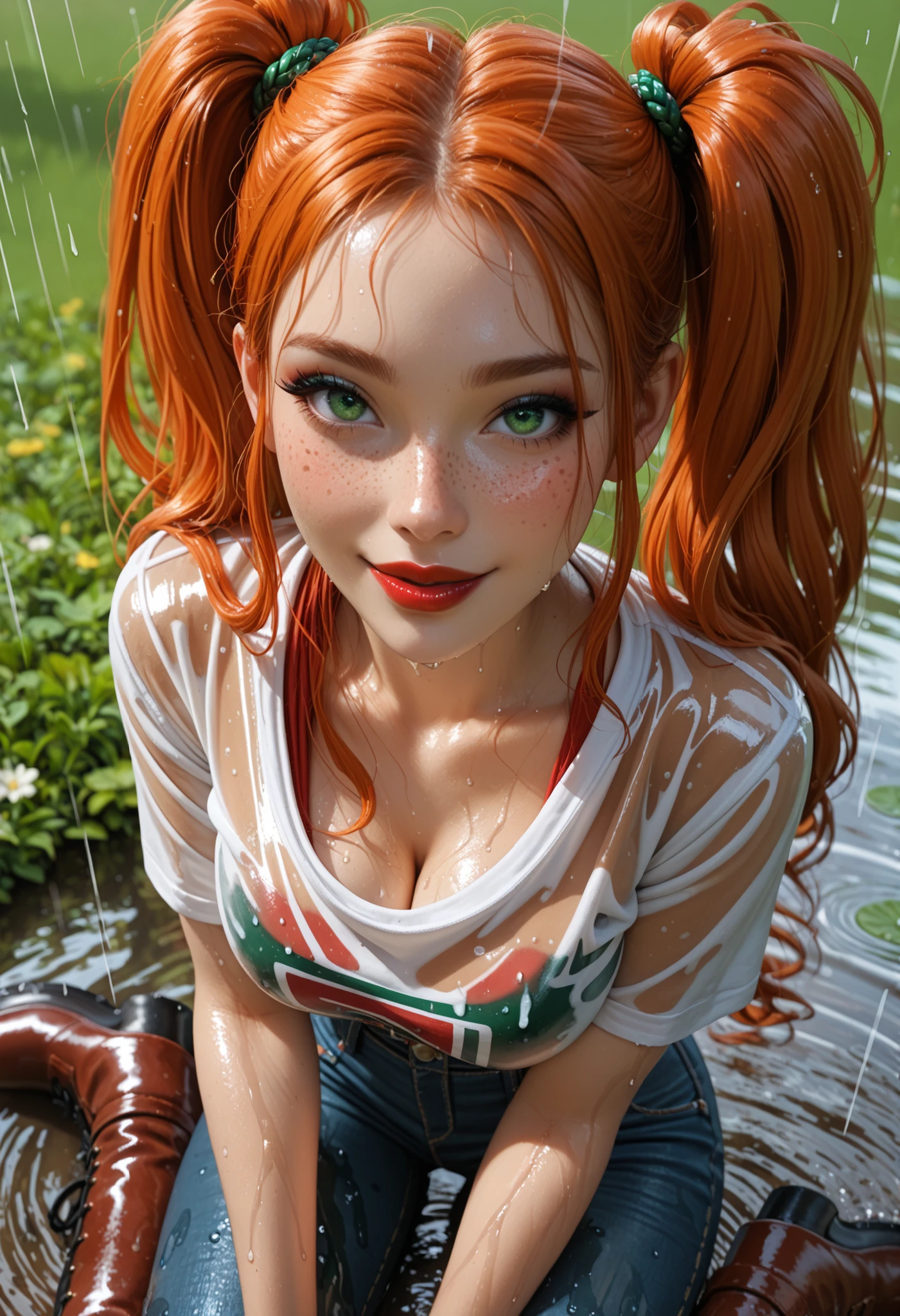 adult woman,cowgirl in a ranch, (under the rain), rainstorm, wet body and hair BREAK Fashion see-through wet opened shirt ((without bra)), denim miniskirt and high leather boots,BREAK ((red lips)) ,thin lips, kind and soft face, naughty smile, emerald green eyes,Eyeshadows,sexy eyeliner, (freckles) knee length long hair, twintails, ((ginger hair)), curved hair, thin waist, big breast, soak body and hair, high quality, highly detailed skin, view from above