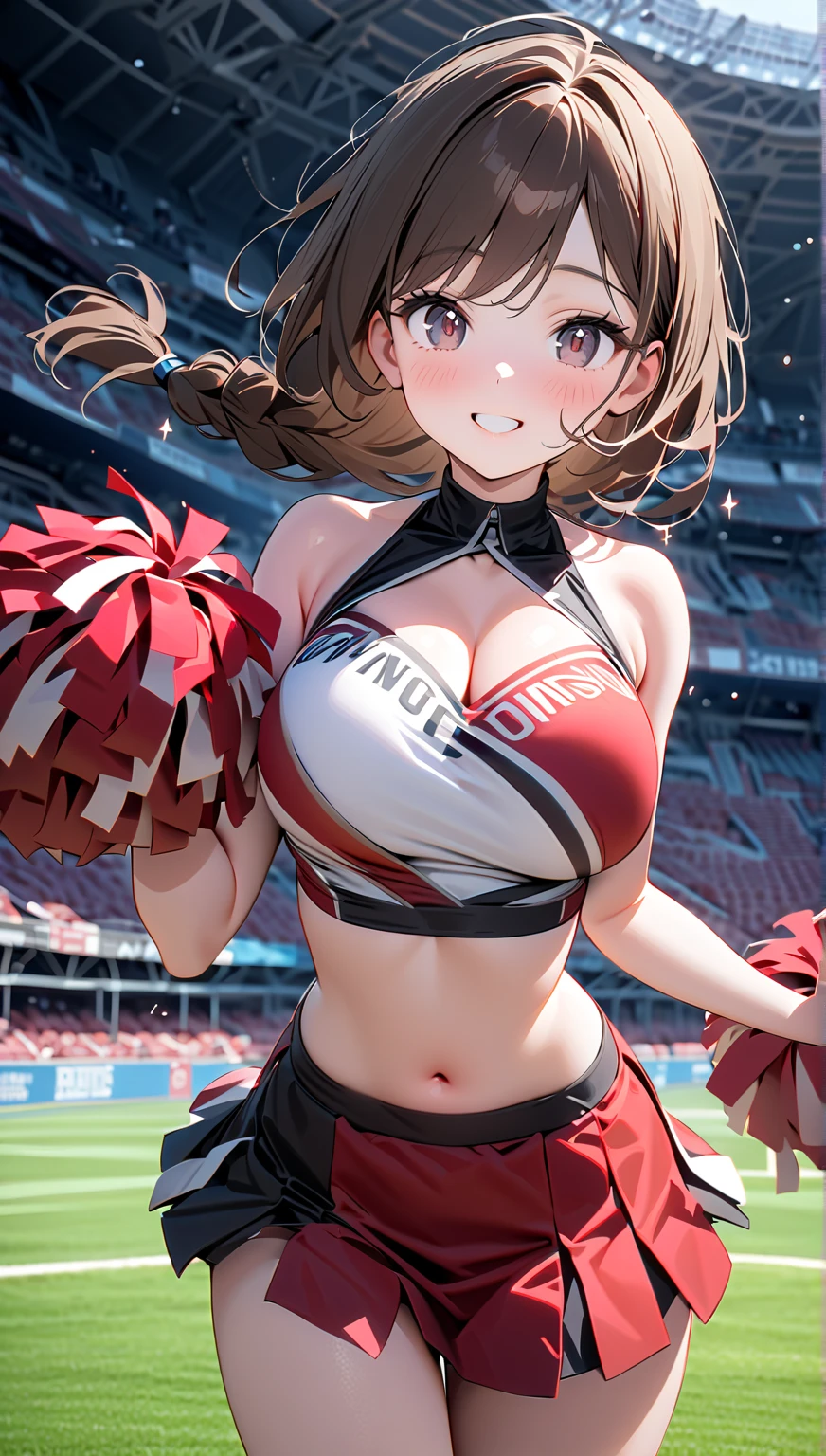 (masterpiece:1.3), (8k、highest quality:1.4), (Best image quality, Intricate details, High resolution, Depth Field, Natural light, Professional Lighting), (1 girl), (alone), (Asian Girl, Very beautiful 18 year old manga girl), (Very beautiful woman、A charming beautiful woman, 美しい銀髪のBobcut, 強い青いeye, 強いeyeのハイライト, Very large breasts, Perfect Anatomy, Dynamic Lighting, Lip gloss), A beautiful face with perfect symmetry, Beautiful detailed woman, Very beautiful detailed face, とても美しい詳細なeye, Smile at the audience, Smiling very happily, Beautiful Teeth, Beautiful Teeth alignment, Very detailed, Very detailed, Beautiful Teeth, Beautiful Teeth alignment, Very detailed, Very detailed, ((Detailed cheerleader:1.2)), The light shines on your face, ((Dynamic pose)), Bobcut, Crossed bangs, Asymmetrical bangs, Long neck, Show me your ears, Vanish&#39;eye, eyelash, cute, Very large breasts、Very beautiful and big, very beautiful breast shape, Beautiful cleavage, Tall Supermodels, Long-legged supermodel, Supermodel dressed as a cheerleader, Strike a Pose, Dressed as a cheerleader, Woman close up, To the camera, Laughter, (Cheerleader Outfits), ((head band, Sleeveless shirt with open chest, flare skirt, mini skirt)), A young and slender gravure idol, Young Gravure Idol, Young Gravure Idol, Stadium background in the daytime