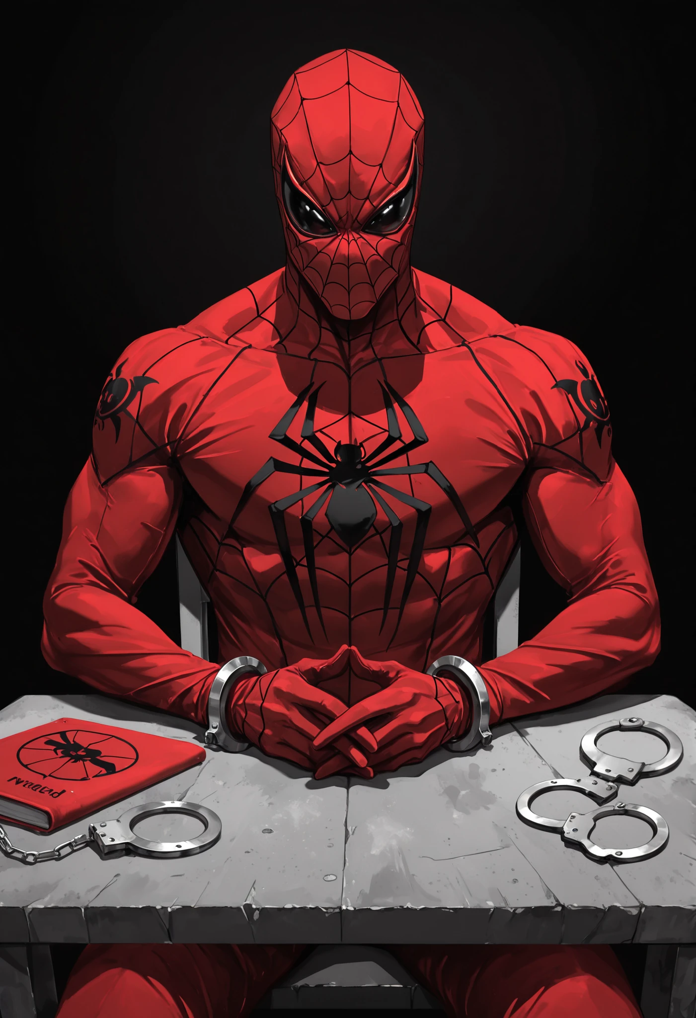 Masterpiece,The best quality,newer,absurdres,highres,monochrome,logo on black background,Red scale,grayscale,vivid colors,spiderman,Sitting,red and blue super hero costume,super detallado,interrogation room,table, handcuffs on the wrists,Incarcerated,hands together,interrogation