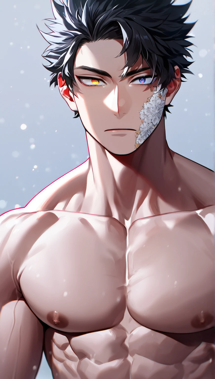 absurdres, highres, ultra detailed, HDR, master piece, best quality, extremely detailed, Todoroki Shouto, bicolor hair, right side white hair, left side red hair, expressive blue eyes, Boku No Hero Academia, solo, sexy man, handsome, manly man, sensual, horny, bare chest, without shirt, island, sea, beach