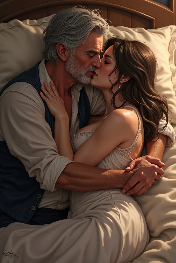illustrates a 50 year old king bare-chested sleeping with a lust-satisfying servant in his bed 