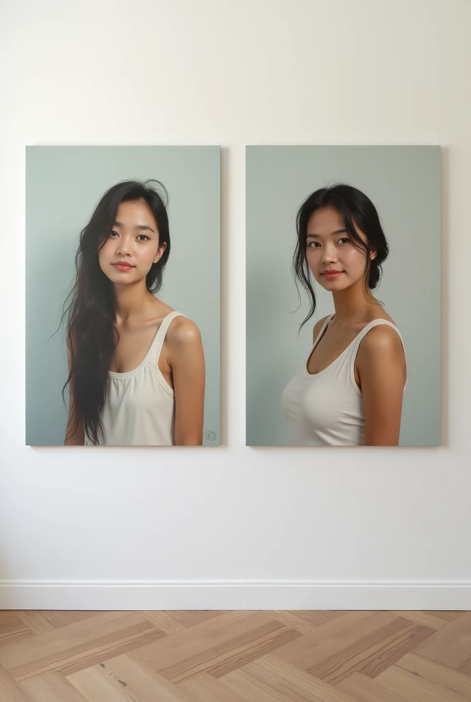 Japanese watercolor painting, flat color, 2girls, twins , white underwear, short straight black hair, standing in the atelier, in front of the canvas, detailed face, innocent gentle smile