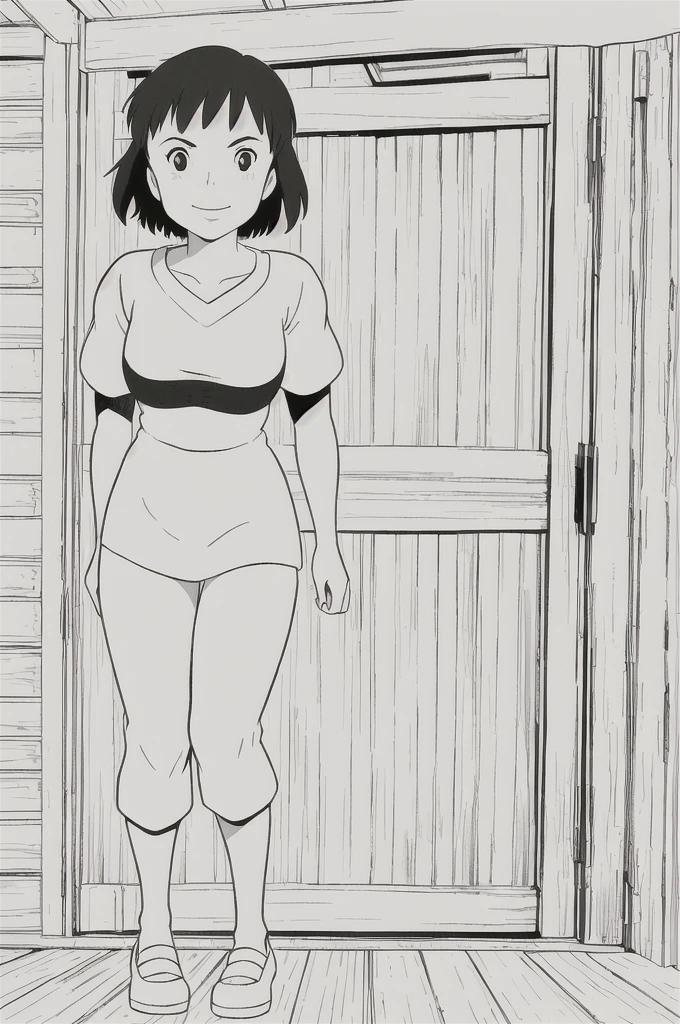 1 girl, anime style, linear, black and white, doing squats, bikini, muscular, defined abdomen, beautiful thighs, large thighs, wide thighs, bangs covering her eyes, tomboy, short black hair, sports girl, sexy, erotc, big ass