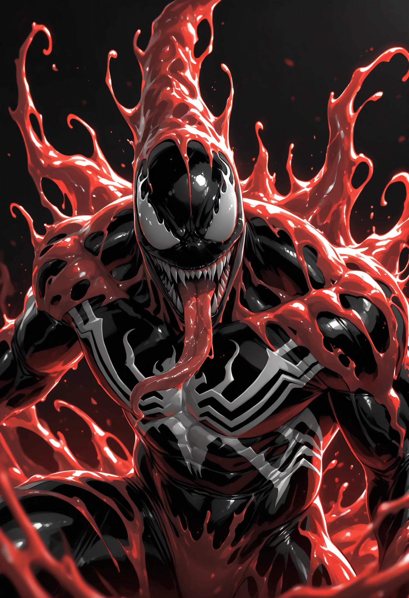 Masterpiece,The best quality,newer,absurdres,highres,monochrome,logo on black background,Red scale,grayscale,vivid colors,Venom,Red Symbiote,macabre smile,Long and salaibous tongue,muscular,