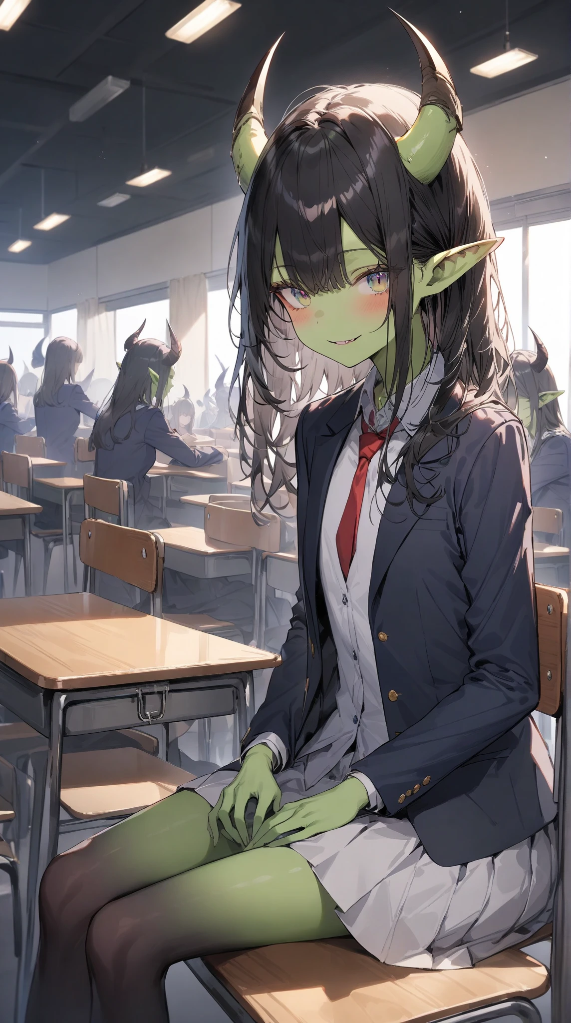 1 girl, navy blue hair, two-ponytail hairstyle, protruding lokans from the mokush, green colored eyes, elf ears, grey skin, stitches all over the body, ghost-girl, Sitting on a school desk, torn school clothes, hairpins on the hair ,a lot of details, Average Breasts, large legs, Large thighs, small girl, school, school classroom
