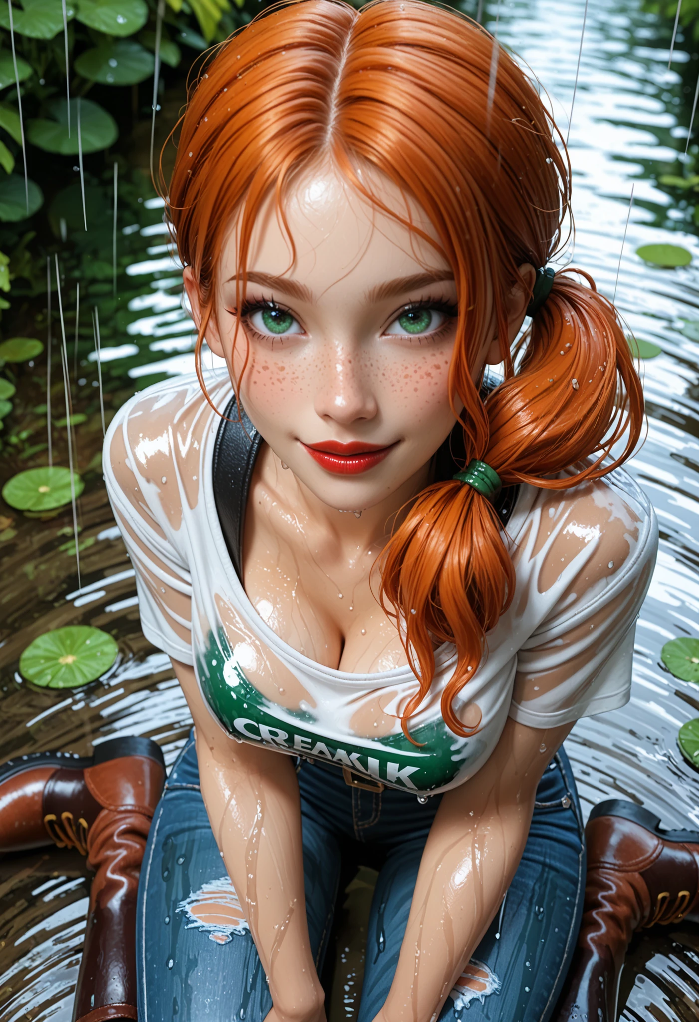 (whole body:1.5),beautiful detailed background, octane rendering, 8K, best quality, masterpiece, illustration, extremely delicate and beautiful, detailed,extremely detailed,CG,Unite,wallpaper,Astonishing, fine details, realistic art: 1.2 ,masterpiece, best quality, official art, extremely detailed CG Unite 8K wallpaper,1 girl, wearing underwear, hands tied behind back, mouth gagged, worried expression, green eyes, red hair, pretty symetrical face, oily wet skin, tanned skin, freckles, thin waist, narrow hips, tight apple ass, large breasts, Looking off to the side , Realistic photos, (hiqcgbody) ,perfect female figure, dark dungeon background