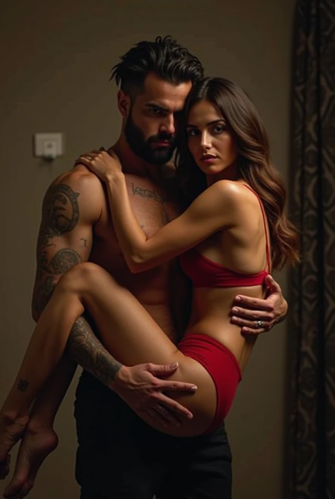 Two people, young toned woman, short height, vibrant maroon long wavy side-parted hair wearing a red/black bra and red/black panties. Behind her, an extremely tall 33-year-old attractive Arabic male model, short platinum blond textured short cut swept-back, long black stubble, brown skin, lean body, hands on her hips. Inside a modern black chic bedroom, low lighting.