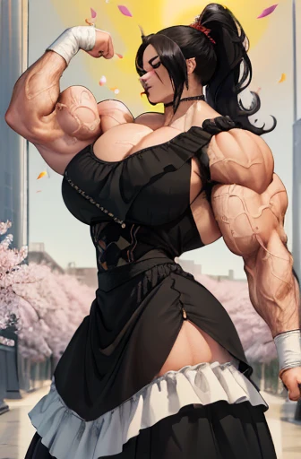 ((Close-up)), tall, (royal blue hair), beautiful muscular woman, long curly wavy hair, pale white skinned, closed smile, (black lipstick), ((massive muscles)), (hyper muscle), ((ginormous bulky muscles)), black eyes, ((((long dark blue sparkly cheongsam dress embroidered with cloud designs)))), gauntlets, choker, thigh high lace socks, (in japan)