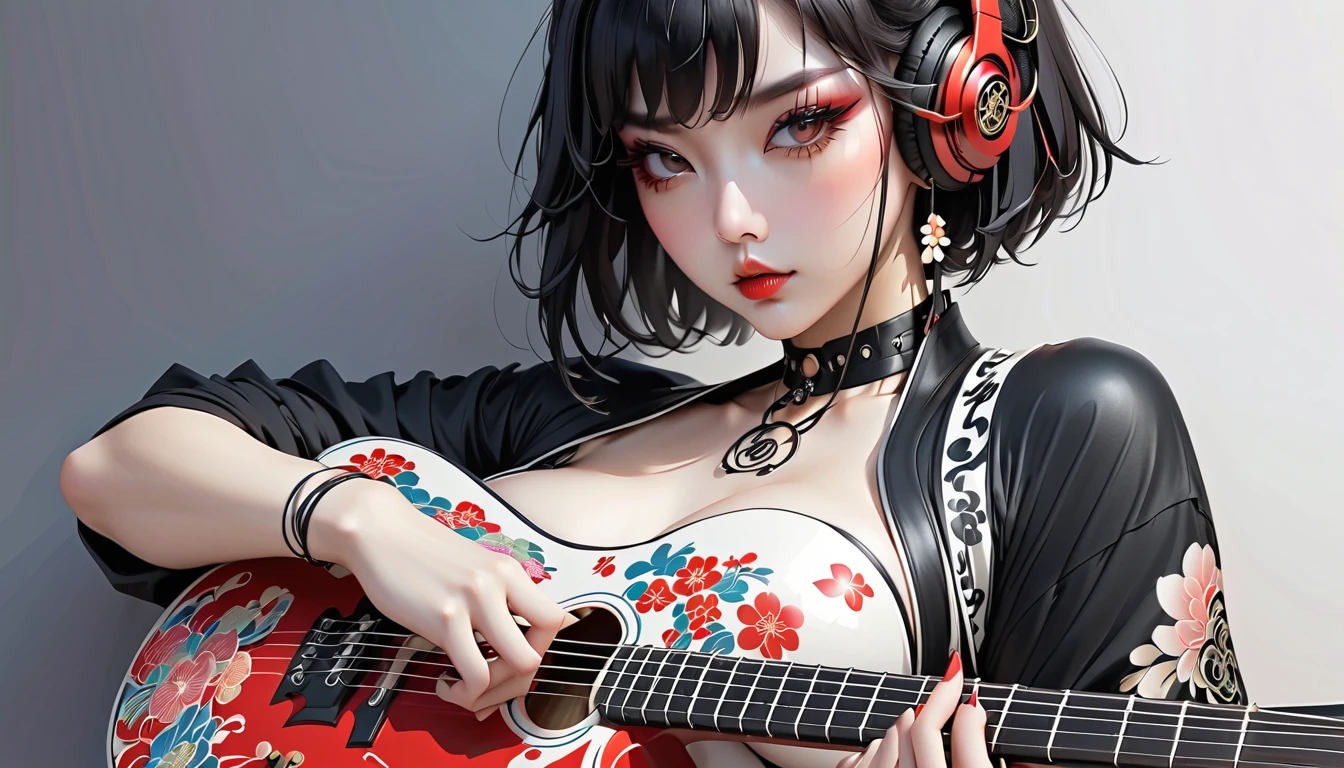 4 beautiful mature Japanese women aged 55, rock band, 4 piece band, Long eyelashes, Wearing glasses, Low Ponytail, Red lipstick, Pearl Necklace, Earrings, Dark eyeshadow, Cleavage, Flashy clothing, guitar, base, drums and vocals,