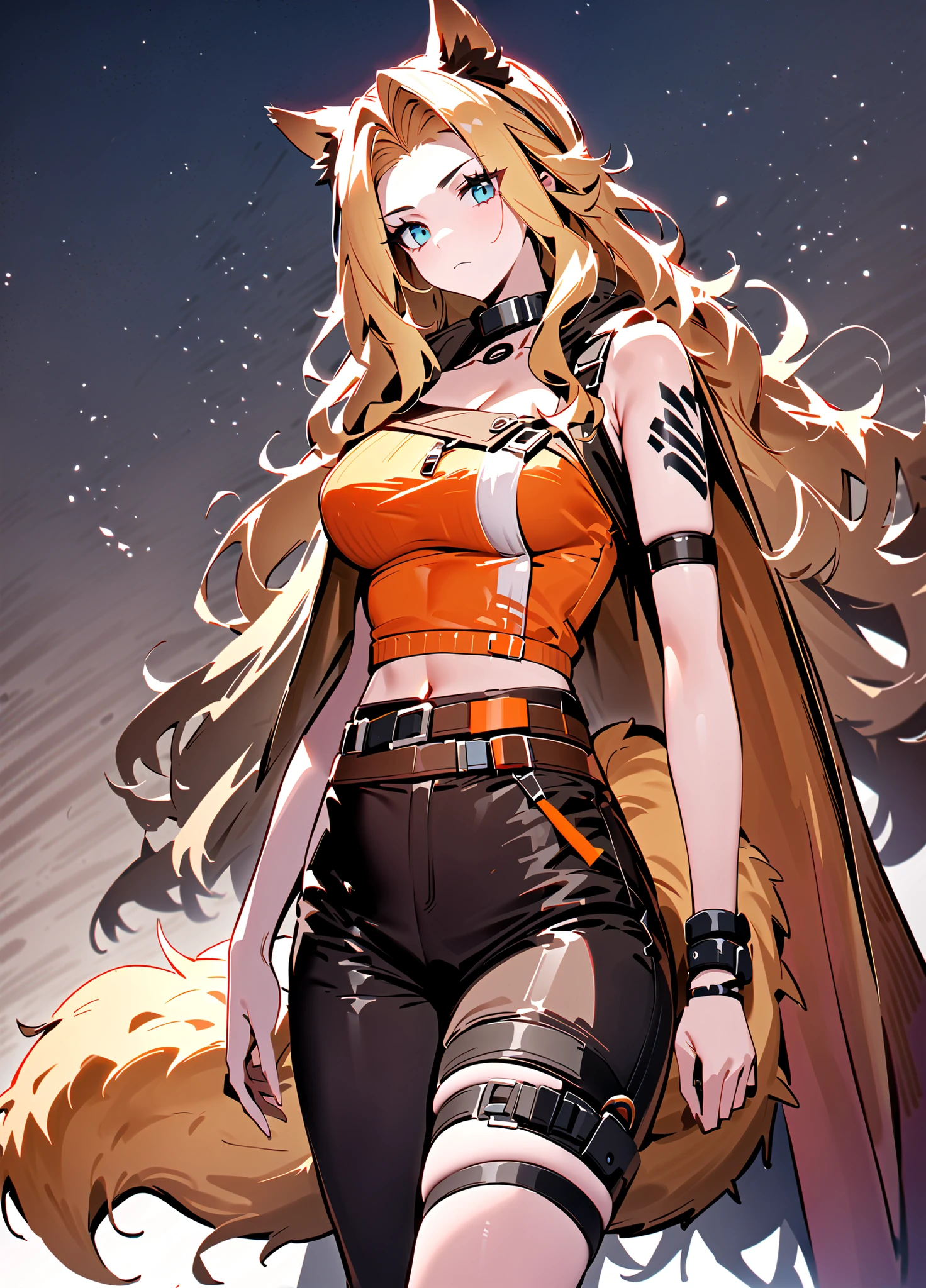 solo, 1girl, brigid (arknights),blonde hair,hair intakes,very long hair,gradient hair,blue eyes,dog ears,dog tail,medium breasts,shoulder tattoo,leg tattoo, yellow hairband,collar,brown crop top,hood,hood down,single elbow glove,brown cape,belt,thigh strap,black pants,sandals,
delicate lines, masterpiece,