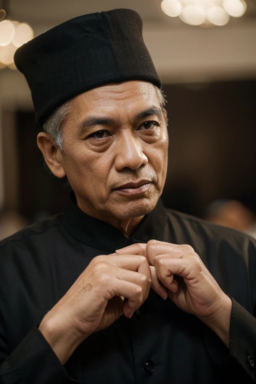 Make this photo look realistic and detailed, arafed man with a black suit and wearing a suit sitting on a chair, 7 0 years old man, very detailed potrait, realistic portrait photo, close up potrait, profile portrait, very detailed face, very realistic face, very perfected face, very detailed clothes, very realistic clothes, very perfected clothes