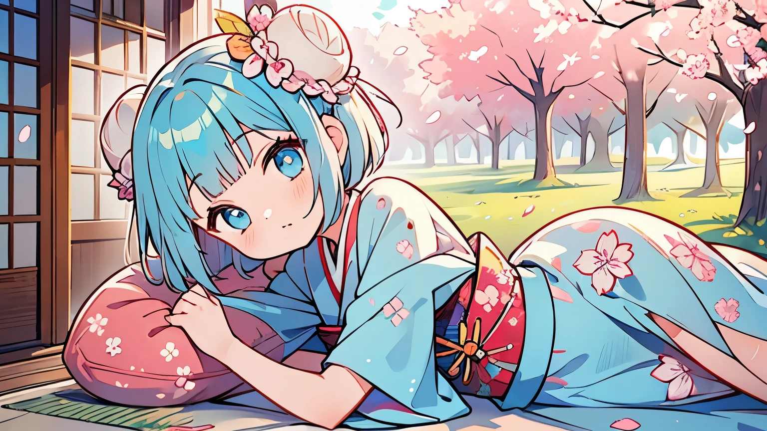 1 girl, finest, masterpiece, light blue hair, bob cut, ((2 buns on the side)), light blue eyes, delicate eyes, wearing cherry blossom pattern kimono, cute, pop