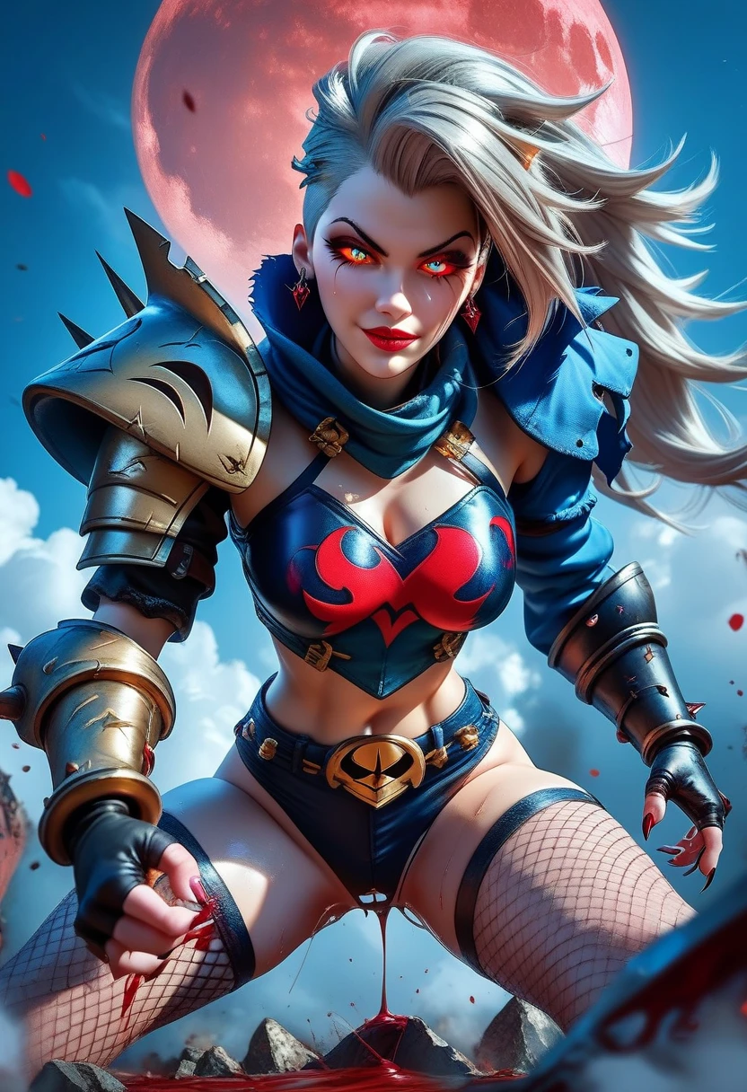 (1girl, blue hair, short hair, spiral eyes, angry, clenched teeth) (digital) (looking at viewer) (upper body) (standing), (Dark Purple Sparkling Forest background), (short skirt)) , best quality, pointy ears, colored skin, blue skin, glowing, cleavage, armor, navel, Abdomen, voidelf,