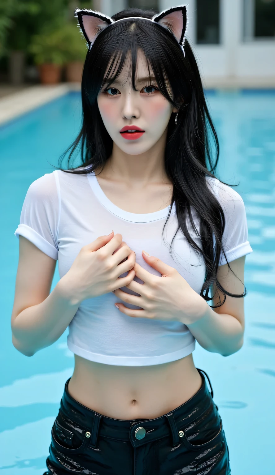 a woman, pool background, playing water , shirt looks full body, body facing front, eyes looking at camera , both hands clasp breasts,  wearing white short sleeve wet long t-shirt, underwearless. black leggings trousers, big , thick red lips, seductive face,  slim waist, black hair, using a cat ear band with a cat tail behind the waist,  all over wet body