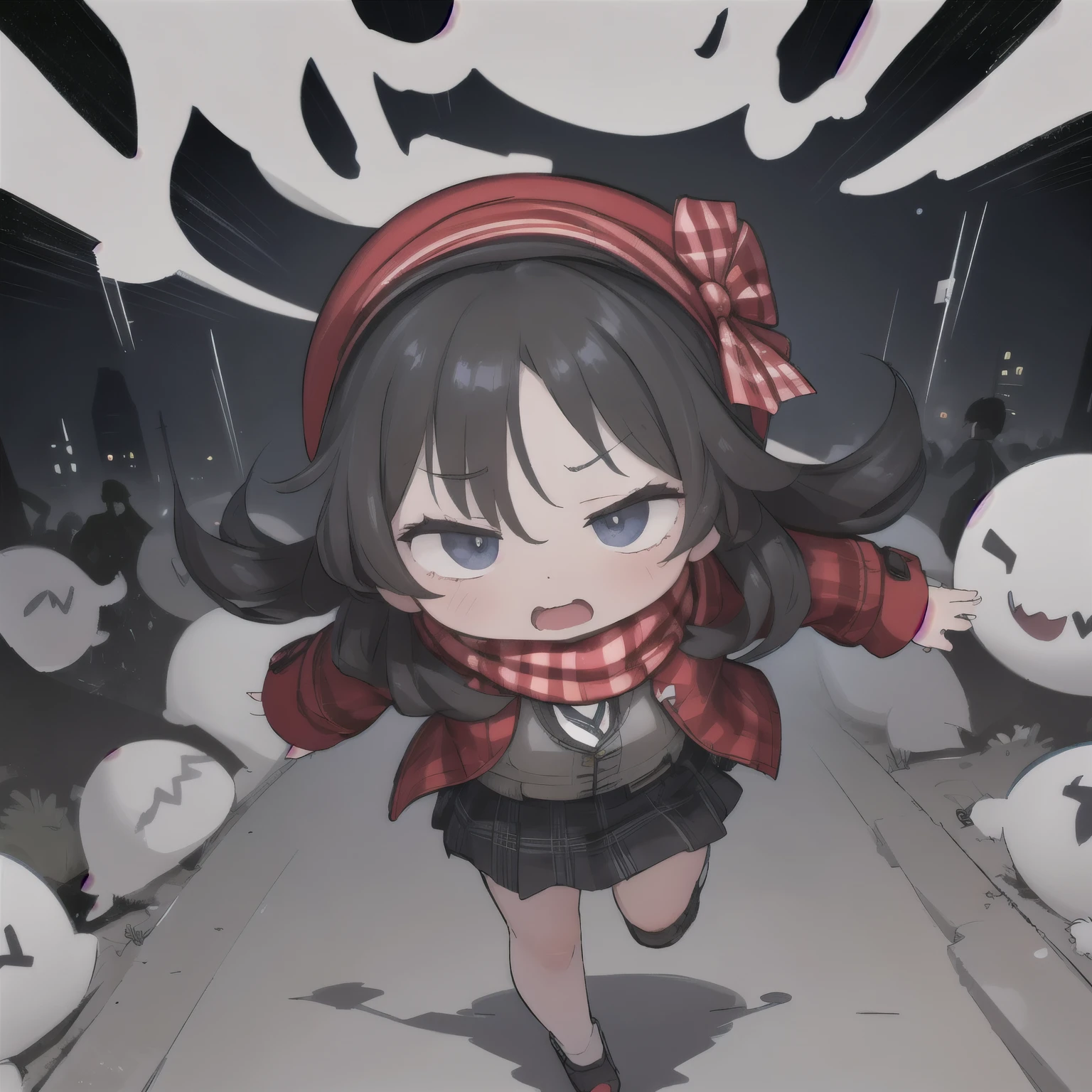 Dark Night Road,lots of ghosts clinging to girls,A ghost with an outrageous expression,scary ghost,Huge ghosts,A girl running to the front with all her might,black hair,long straight hair,full bang,There is only one girl with half-open eyes,Khaki thick coat,wearing black and white plaid scarves around their necks,Grey Skirt,expressions of anger,Scream,Dynamic Angle from Above