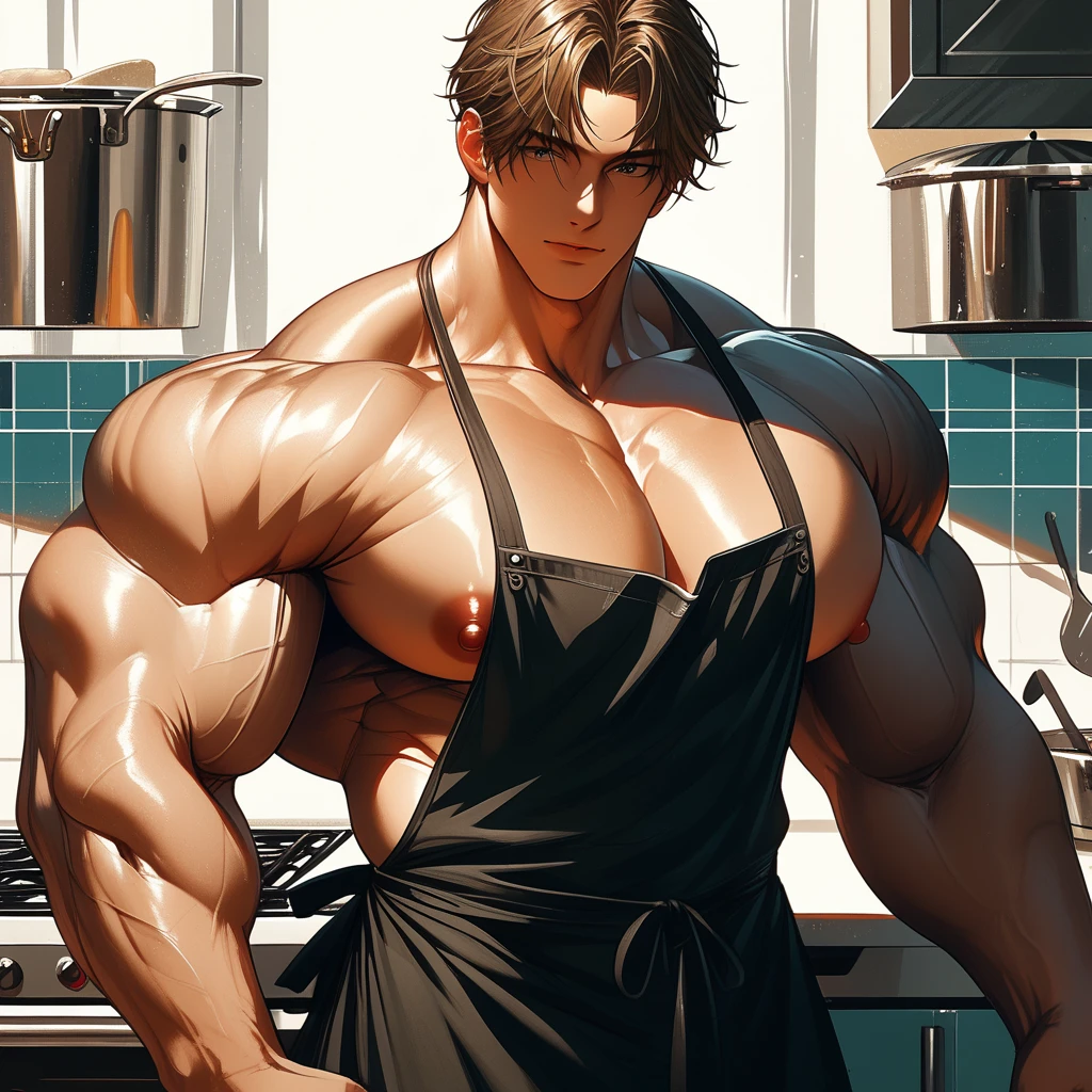 Robust man, muscular body, short wavy red hair, masculine face, red mustache, rustic appearance, green eyes, sensual smile, huge hairy chest, huge biceps, hairy body, freckles on his face, oily and shiny skin. He is standing in the living room with a glass of wine in his left hand, with a bare back and short white and transparent shorts and with a huge bulge in his groin.