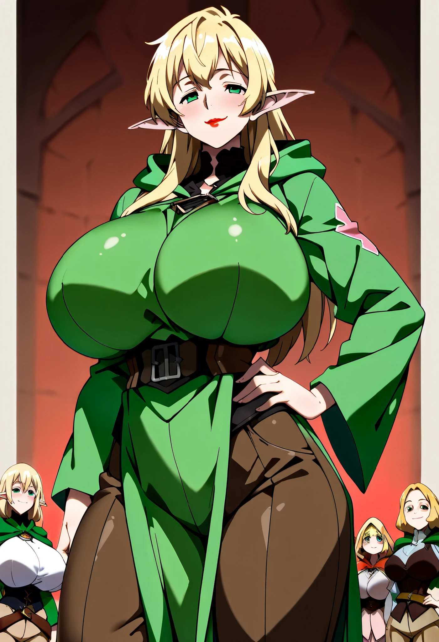 1 elfa, Elfa madura, elf ears, mature woman, (blond hair: 1.4), long hair, green eyes, (pretty eyes), (arrogant and snobby expression: 1.4), red lipstick background, (Slight Smile: 1.3), (giant breasts: 1.4), fake breasts, (Ranger D clothing&D: 1.5), (medieval brown pants: 1.5), (green hooded robe : 1.4), thin waist, Slim hips, (pose confidently: 1.3), (hand on hip: 1.4), (Best Quality: 1,5), (Tall details: 1,5), (anime art style: 1,5), score_9, score_8_acima, score_7_acima, score_6_acima, score_5_acima , score_4_acima.