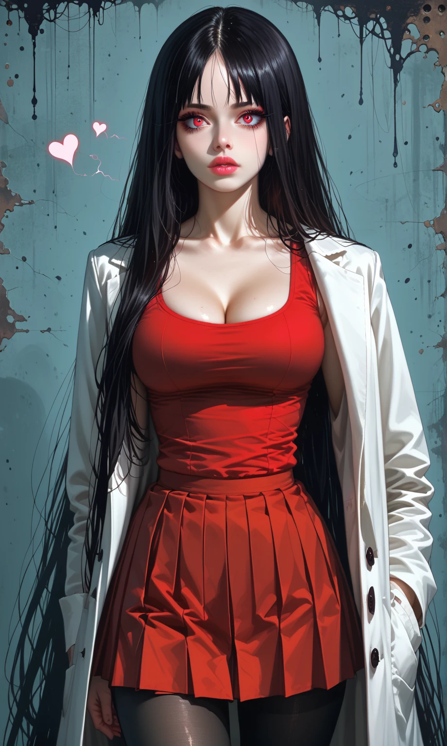 Caricatura detallada, Young white girl with black straight hair and crimson eyes, piel blanca de porcelana, Cuerpo completo, pechos grandes con vestido blanco de gala, alta calidad, High resolution, 8k, Disco duro, (Well-designed body), Amazing body, (Super detailed), Hermosos ojos, ultra detallado, ultraealista
