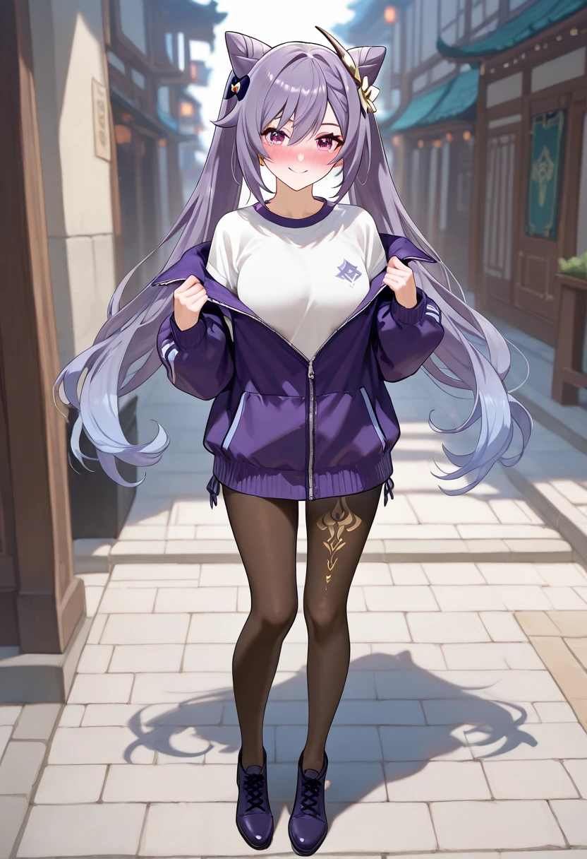 masterpiece, best quality, very aesthetic, absurdres, newest,1girl,white_sweater, virgin-killing_sweater, cowboy_shot,,raiden_shogun,raiden_shogun (genshin impact), dark purple hair, long hair, single braid, hair ornament, purple eyes,,front view,in a city floating in sky