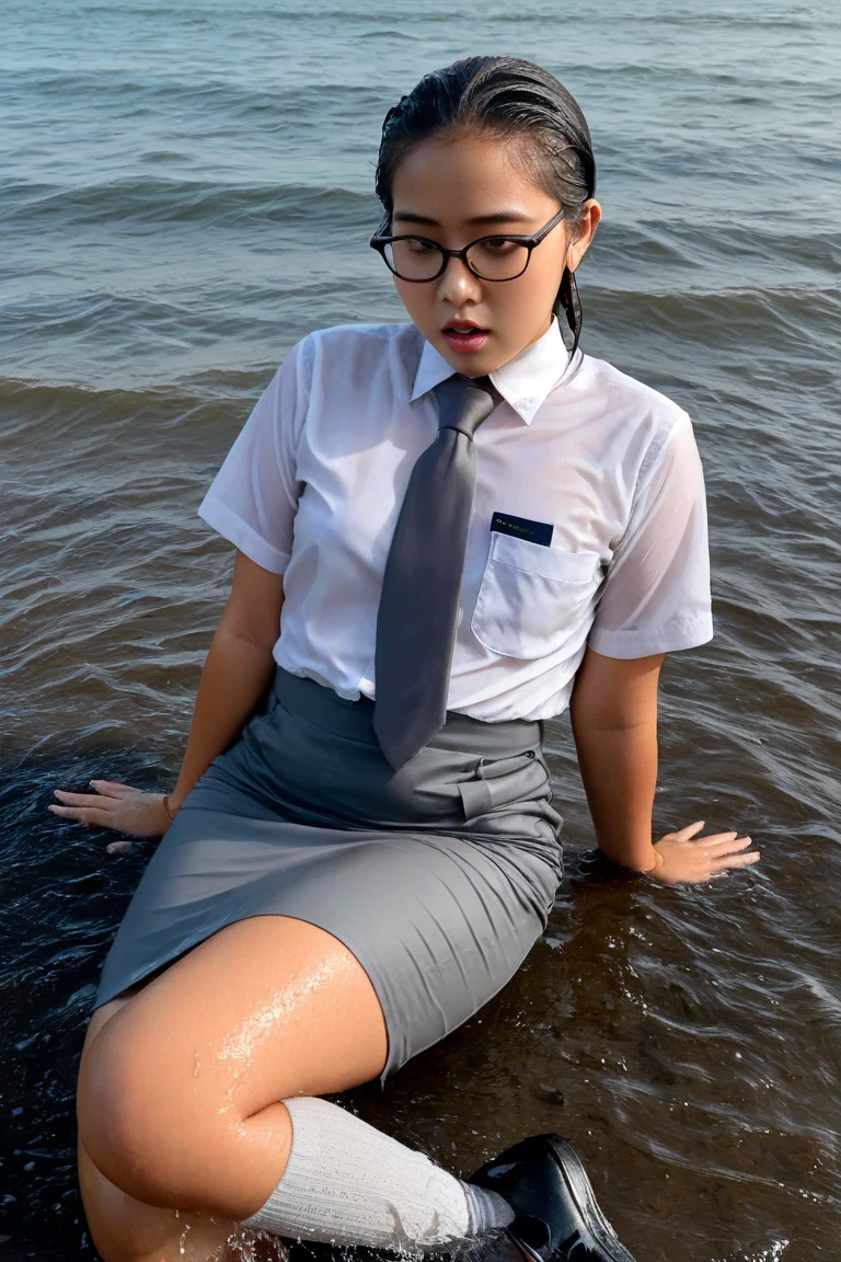 RAW, Best quality, high resolution, masterpiece: 1.4), Japan face mix Russian. slim, slender and tall. white skin. Oval face.wearing senior high school clothes, unbuttoned loose opened clothes, showing nude breasts and vagina. Beautiful young indonesian girl with long wavy hair, showing one , big , sex pose, showing vagina, open legs showing vagina, porn, dildo on vagina, sensual body, muscular body, on the stage of a nightspot ((senior high school clothes, unbuttoned loose opened)), orgasm, highres, 4k, HDR, 1girl, photorealistic, realistic, big breasts, wearing white modern plain hijab, wearing glasses, ((whole body)) turning away facial at viewer, closeup, leaning in the water. In the middle of river. ((white thick milk melting in the clothes, breast and leg. Wet body, wet hair, wet clothes)), ((half leg in the water, sexy pose))