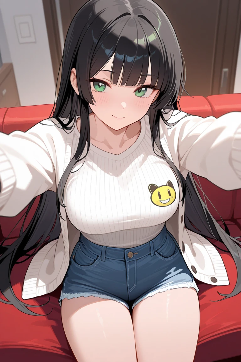 Anime, anime female character, brown hair, brown eyes, black shirt with turquoise jacket, black jeans, sitting on couch, smile, thick thighs