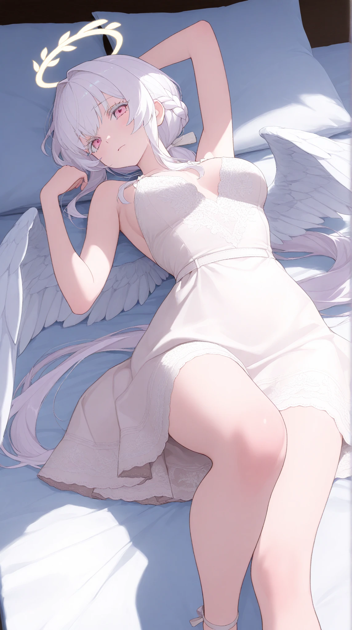 azusa-default,purple eyes,white hair,long hair,wings,hair flower, Only white dress,transparan, white underwear, smile, beautiful thighs, in the House, skirt lifted, on bed
