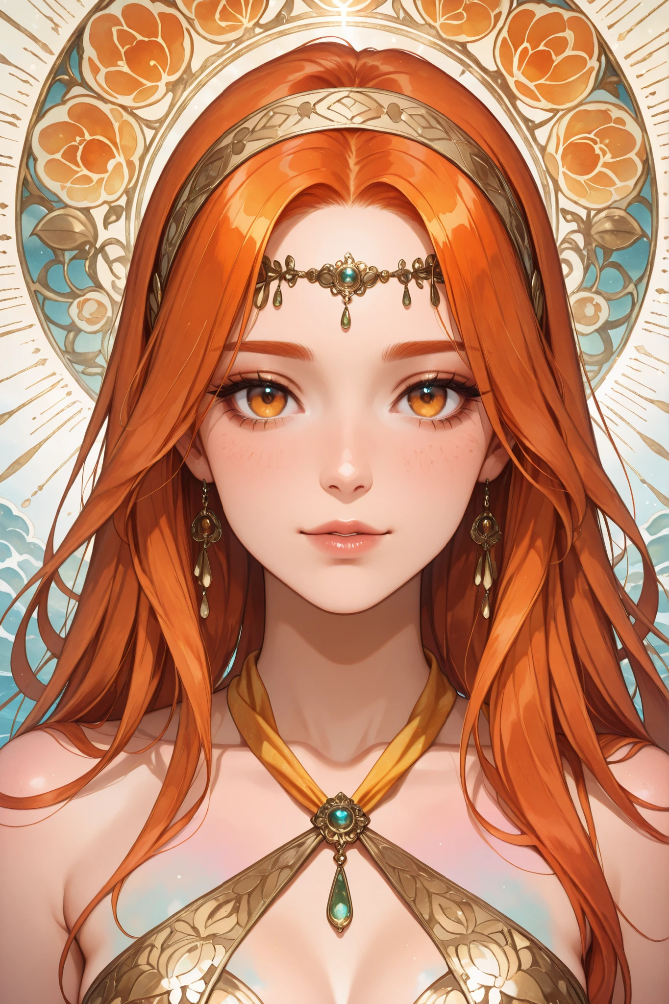 A vibrant, stylized portrait of a woman with long, flowing, warm-orange hair, wearing a yellow floral halter top and a patterned headband. The style is reminiscent of 1970s fashion illustration, featuring a soft, smooth aesthetic with bold outlines and a light, airy color palette, with pink, yellow, and muted teal flowers. The image uses a defined, almost cartoonish shape to the face and body, with a warm, sun-kissed skin tone, ultra-detailed, intricate details,masterpiece, best quality, amazing quality, hyper-detailed, newest, very aesthetic