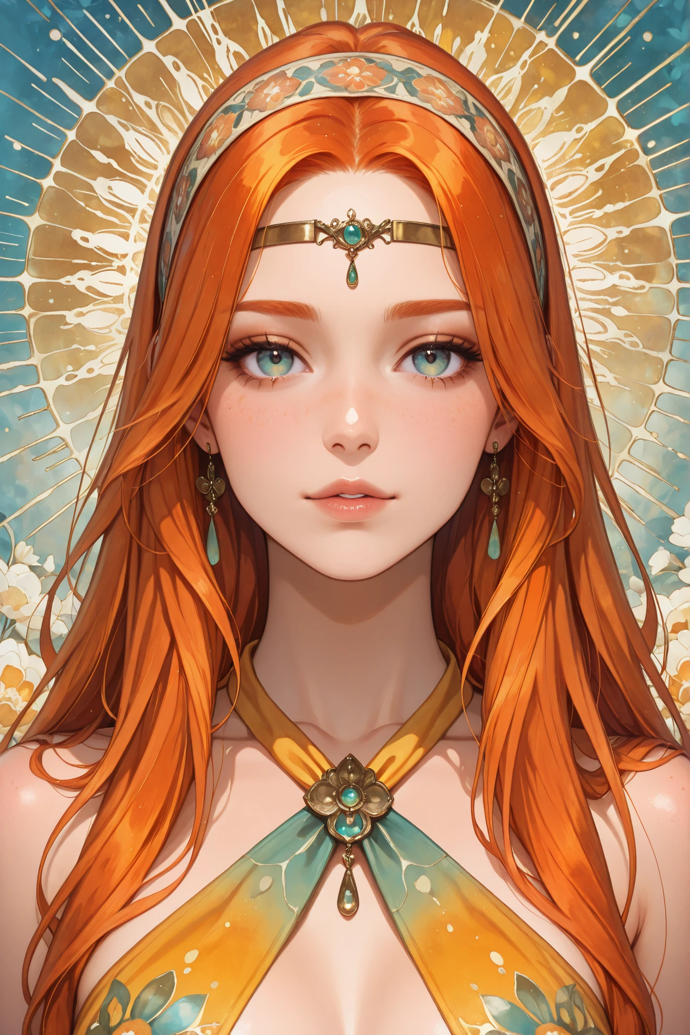 A vibrant, stylized portrait of a woman with long, flowing, warm-orange hair, wearing a yellow floral halter top and a patterned headband. The style is reminiscent of 1970s fashion illustration, featuring a soft, smooth aesthetic with bold outlines and a light, airy color palette, with pink, yellow, and muted teal flowers. The image uses a defined, almost cartoonish shape to the face and body, with a warm, sun-kissed skin tone, ultra-detailed, intricate details,masterpiece, best quality, amazing quality, hyper-detailed, newest, very aesthetic