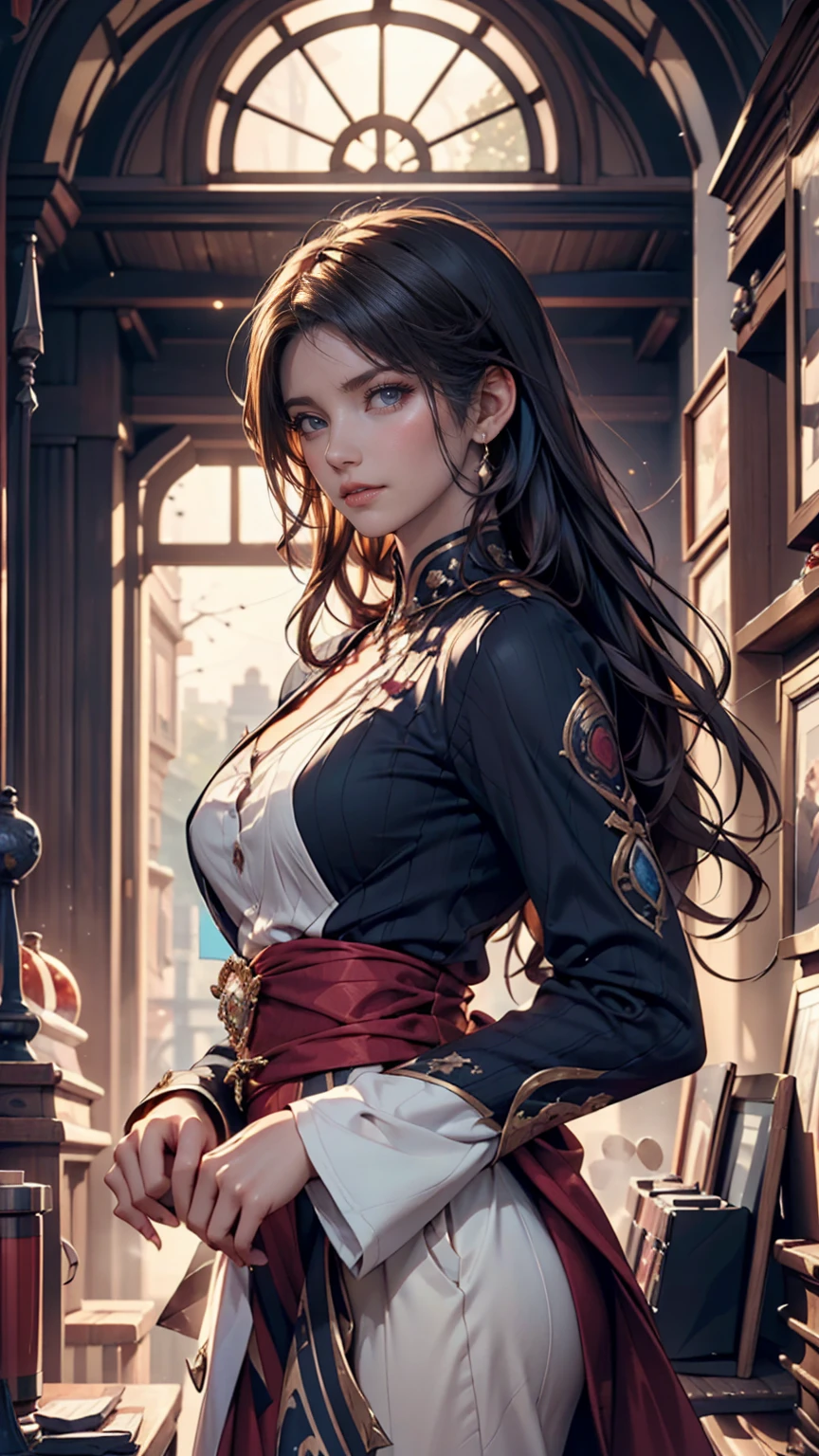 (Highest quality, 8k, masterpiece :1.3), Handsome woman with perfect figure and long hair :1.4, Zhongli, Zhongli, Dark brown hair, Swollen breasts, Genshin Impact, On the Ruins, In the hands of a gun, Highly detailed face and skin, Detailed eyes, double eyelid