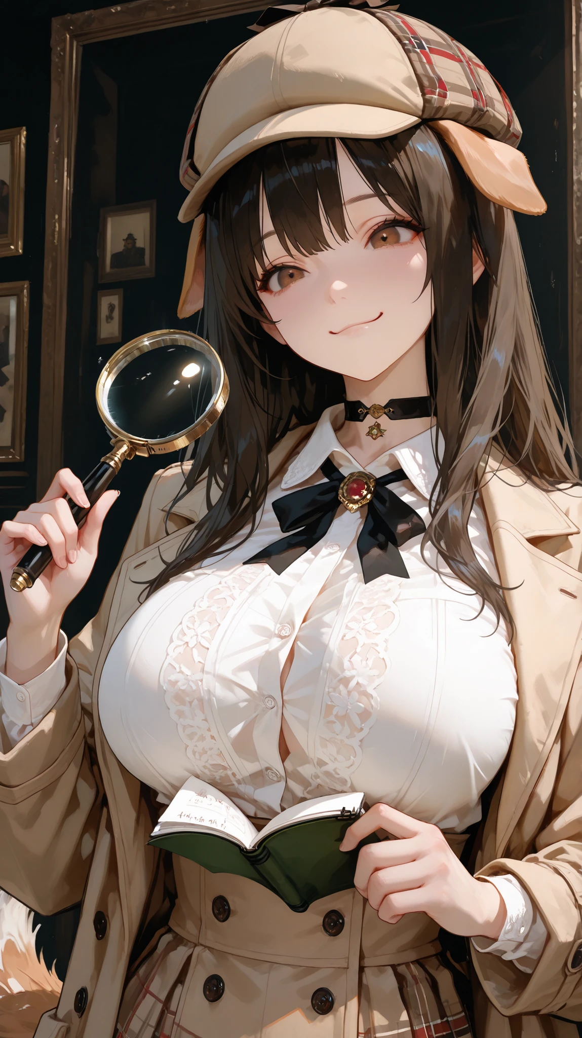 masterpiece, source_hentai, Best Quality, black, very aesthetic, high resolution, super detailed, illumination, colorful, Absard Dress, newest,Dog Detector,
expressive eyes, upper body, Detailed Faces, beautiful face, foot, one girl, long hair, dark hair, dog girl, big,thigh, white shirt with ribbon ties,  check skirt,  beige trench coat, deerstalker, dynamic pose soaked in hot springs, (has a magnifying glass, small notebook), choker, (has a magnifying glass, small notebook) Dog Ears, Dogtail , brown eyes , dynamic illumination, cinematic illumination, 19th century London background,. 
(with a charming smile), (Detail Cartoon illustrations), (detailed line draw), (( Perfect Anatomy)), (intricate details:1.3), (Super Details:1.3), ( illustrations:1.3), ( concentrated:1.3), ( natural light:1.05), Big Breasts