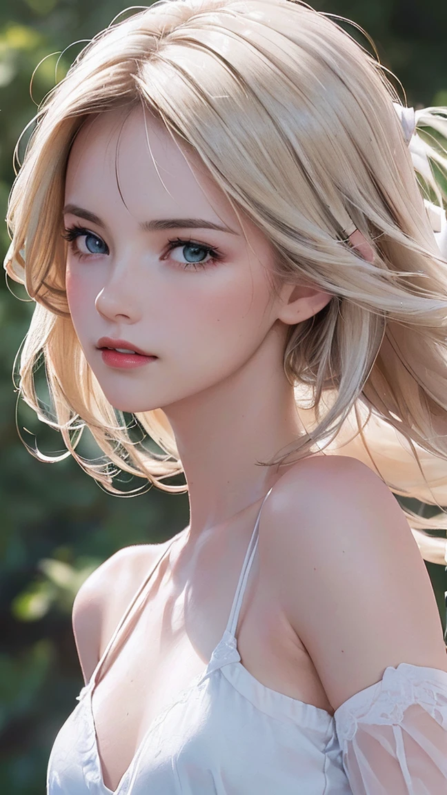 (8K, RAW Photos, of the highest quality, Masterpieces: 1.2), (Realistic, Photorealistic: 1.37), Highest Quality, Ultra High Resolution, light leaks, Dynamic lighting, Slim and smooth skin, (Full body:1.3), (Soft Saturation: 1.6), (Fair skin: 1.2), (Glossy skin: 1.1), Oiled skin, 22 years old, Night, shiny white blonde, Well-formed, Hair fluttering in the wind, Close-up shot of face only, Physically Based Rendering, From multiple angles