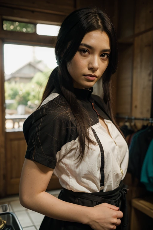 A deep-looking ninja woman with brown eyes and long, beautiful eyelashes, con su traje en color blanco que permite admirar solo sus ojos, su traje se ve resplandeciente rebotando los rayos del sol, his sword in his right hand and the other holding on the floor, con la mirada al frente observando sigilosamente. La imagen tomada con una camara Sony a7c full frame con lente 35mm, con profundidad de campo. Cinematic style with cold tones.