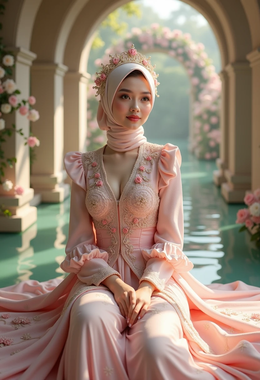 A beautiful young woman, (1girl), majestic hijab outfit, detailed face, alluring eyes, full lips, outdoor setting, selfie, soft lighting, warm colors, (best quality,4k,8k,highres,masterpiece:1.2),ultra-detailed,(realistic,photorealistic,photo-realistic:1.37),cinematic, beautiful detailed eyes, beautiful detailed lips, extremely detailed face and eyes, long eyelashes, intricate clothing textures, elegant posing, warm smile, romantic atmosphere