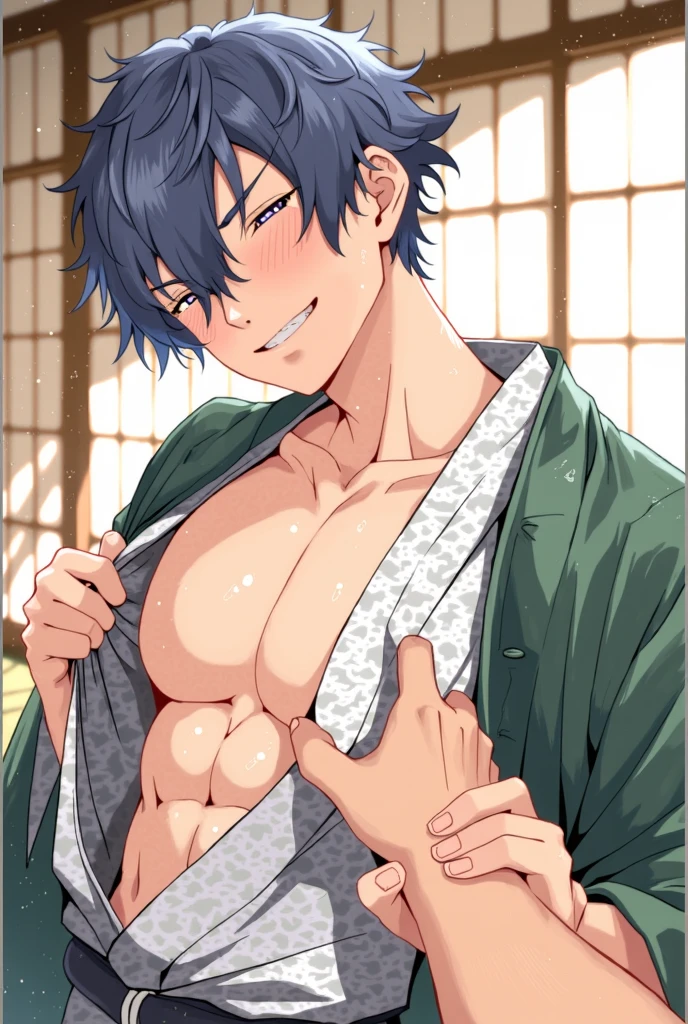 masterpiece, best quality, high quality, 1boy,,, male focus, full body, looking at viewer, white blue hair,spiky hairstyle, short hair, steam smork, japan style, anime coloring, crying, home muji style, detailed face, topless, white towel on waist,finely eye and detailed face,bulge, onsen japanese style