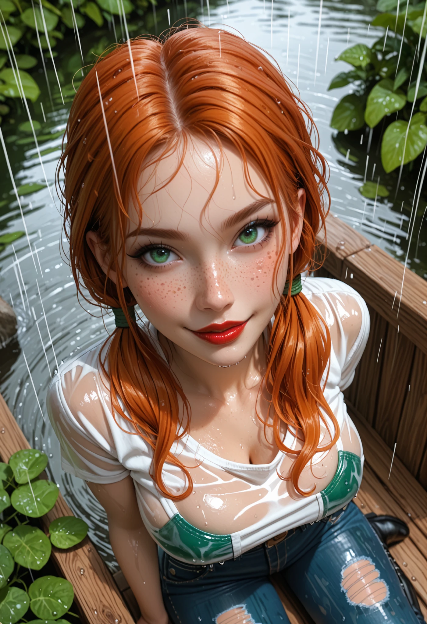 adult woman,cowgirl in a ranch, (under the rain), rainstorm, wet body and hair BREAK Fashion see-through wet opened blouse ((without bra)), denim miniskirt and high leather boots,BREAK ((red lips)) ,thin lips, kind and soft face, naughty smile, emerald green eyes,Eyeshadows,sexy eyeliner, (freckles) knee length long hair, twintails, ((ginger hair)), curved hair, thin waist, big breast, soak body and hair, high quality, highly detailed skin, view from above