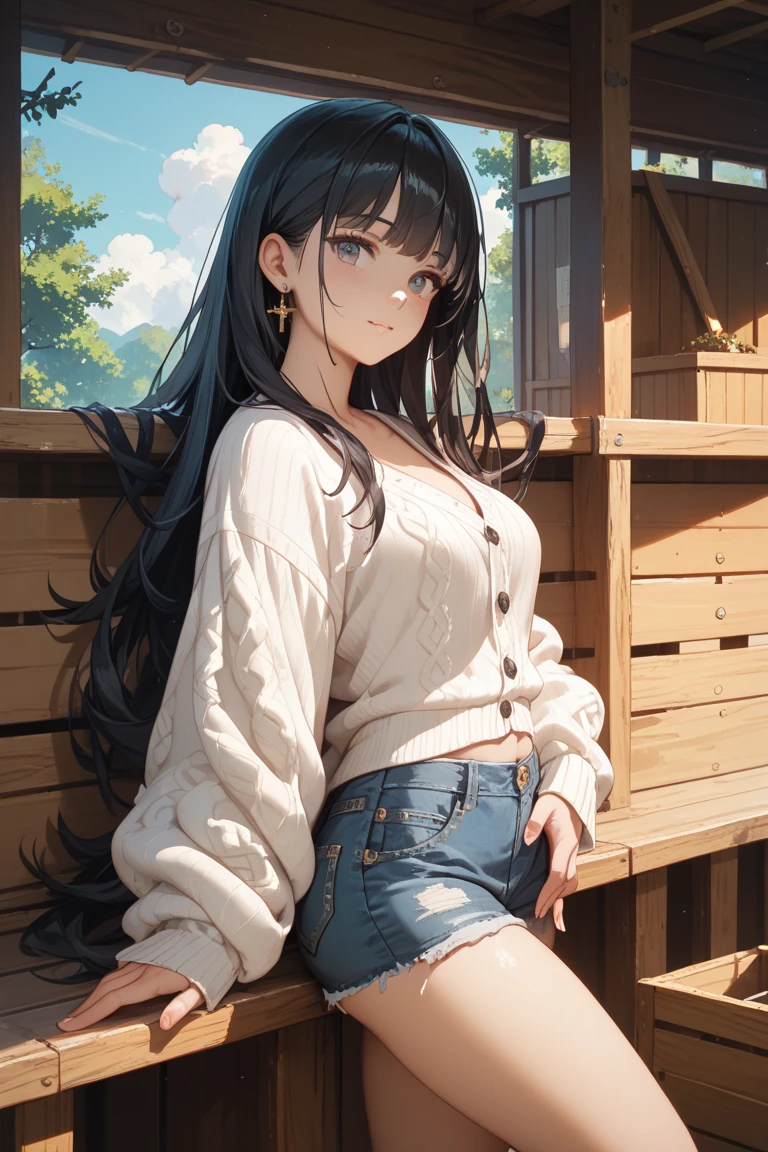 A girl in a white T-shirt, jeans jacket, and tight, short pants, with long hair that is black on the outside and heavenly on the inside, and sky blue eyes, thick eyelashes, and two sky lines under her eyes. She has a large chest with the words Aurora written on it. She has a slender body. She is sitting on the edge of a wall.