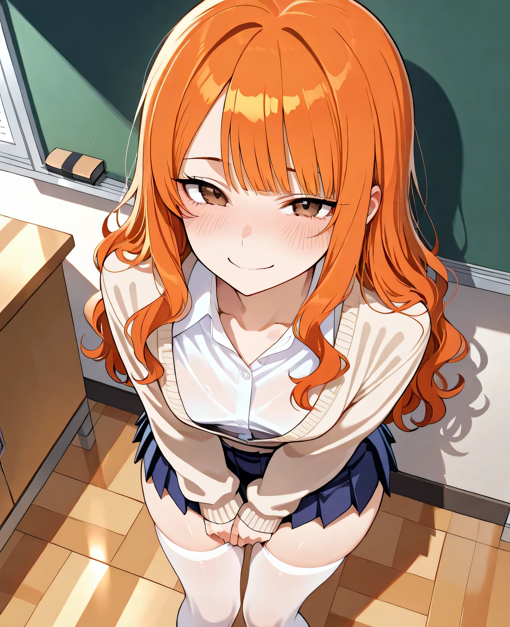 1girl, 20 years old, beautiful, orange hair, slightly wavy hair, straight bangs, hair length to shoulder blades, brown eyes, small hips, slightly plump thighs, narrow waist, small breasts, neat face, small blush, detailed image, detailed body, detailed location, location: classroom, clothes: white button shirt underneath oversized beige cardigan with long sleeves covering half of palm, pleated dark blue skirt, white stockings, small clip on bangs, cute wide smile, time: evening, pose: standing, hands down to thighs in front of body in shy pose, looking at viewer, looks into the eyes, from above, front view