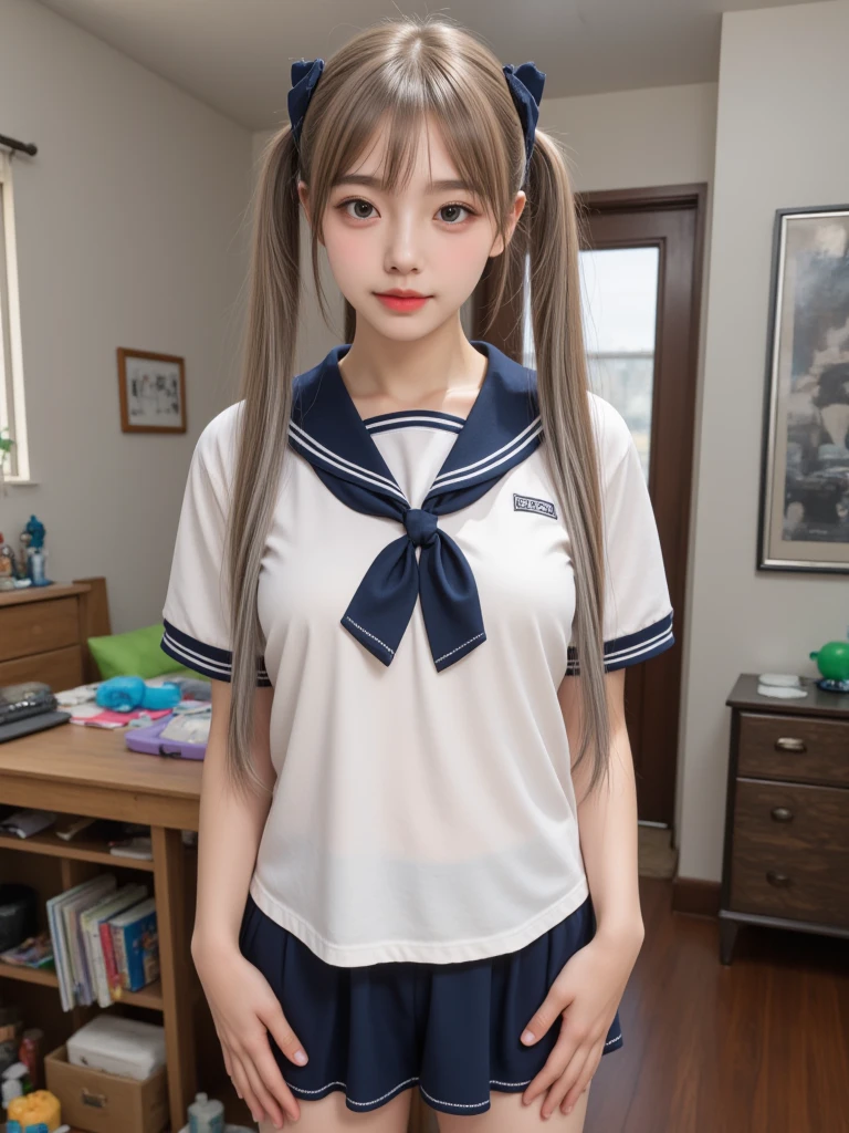 
smile、((Browsing Caution))、((Camel Toe))、((Female organ:1.1))、(Highest quality、4K、8K、High resolution、masterpiece: 1.2)、Very detailed、Beautiful Japanese Girl、1 person、 ()、alone、(from the front:1.4)、(reach sexual ecstasy:1.6) 、 (Her naked lower body is exposed, Giving us a glimpse of her crotch.:1.5)、Sit at a desk、(Short-sleeved sailor uniform) 、Crotch crack、Beautiful ass、 Spread your legs wide, And he sticks out his crotch for emphasis....、Twin tails、In the classroom
