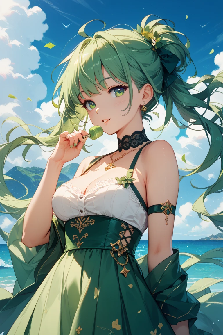 masutepiece, High resolution, 8K, anime woman, Delicate and detailed writing 、Detailed digital illustration、absurdly long hair、(((Ponytail)))、Shiny hair、a very beautiful woman、Eyes are double, Large,Little hanging eyes、 Bust E Cup、High image quality, High quality、Detailed background、((Detailed and beautiful sunset sky background))、The inside of the eye shines like a diamond、(((Dark green hair)))、Gradient pupil、(((2 arms、4 fingers, 1 thumb)))、Detailed female face、a very beautiful woman、、细致背景、masterpiece、Soft Focus , Bright gradient watercolor , Lens Flare , (((Glitter))) , Glow , Dreamy ,a miniskirt、Idol、Light Green Ribbon、Very beautiful light green rose hair accessories、Light green and gold costume with white as the main color、((Macroface))、(Cool Girl).Tall lady、Dignified.((No bangs))、A smile、