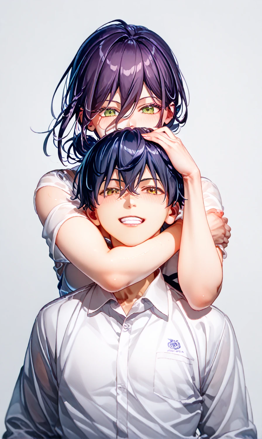 A middle-aged man is kissing the breasts of a topless girl with no underwear, a blue checked skirt, erect nipples, short black hair, small breasts, and light pubic hair, who is crying in disgust on a train