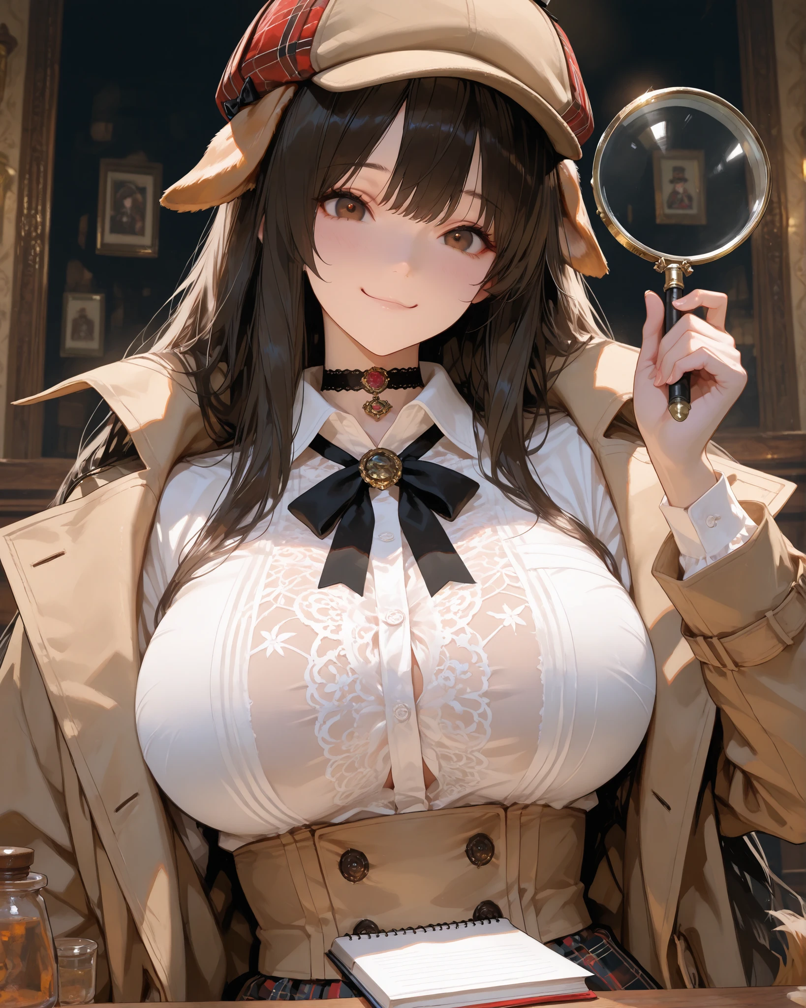 masterpiece, source_hentai, Best Quality, black, very aesthetic, high resolution, super detailed, illumination, colorful, Absard Dress, newest,Dog Detector,
expressive eyes, upper body, Detailed Faces, beautiful face, foot, one girl, Super long hair, dark hair, dog girl, (big),thigh, white shirt with ribbon ties, check skirt, beige trench coat, deerstalker, dynamic pose soaked in hot springs, (has a magnifying glass, small notebook), choker, (has a magnifying glass, small notebook) Dog Ears, Dogtail , brown eyes , dynamic illumination, cinematic illumination, 19th century London background,.
(with a charming smile), (Detail Cartoon illustrations), (detailed line draw), (( Perfect Anatomy)), (intricate details:1.3), (Super Details:1.3), ( illustrations:1.3), ( concentrated:1.3), ( natural light:1.05),Big Breasts, immense breasts,