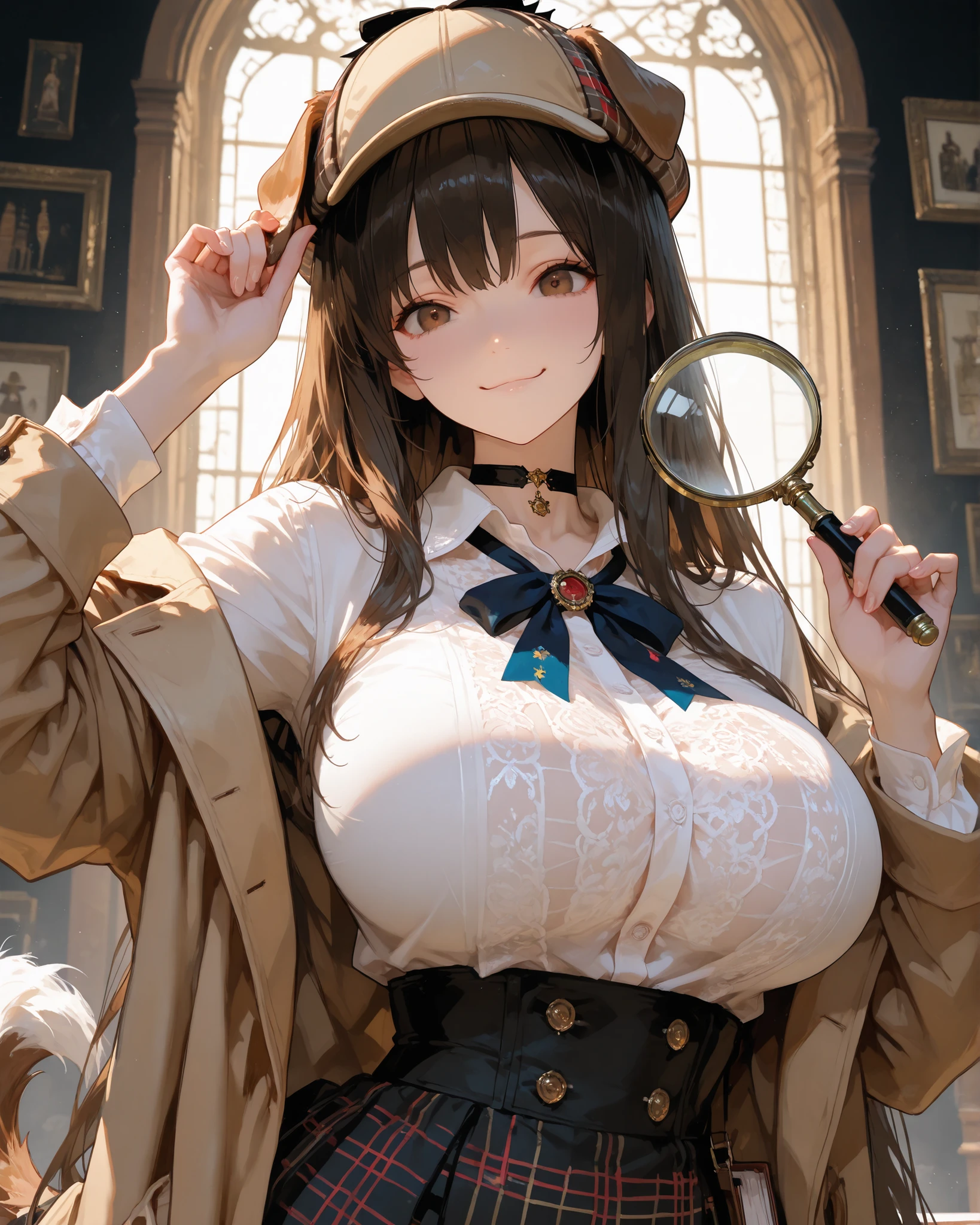 masterpiece, source_hentai, Best Quality, black, very aesthetic, high resolution, super detailed, illumination, colorful, Absard Dress, newest,Dog Detector,
expressive eyes, upper body, Detailed Faces, beautiful face, foot, one girl, Super long hair, dark hair, dog girl, (big),thigh, white shirt with ribbon ties, check skirt, beige trench coat, deerstalker, dynamic pose soaked in hot springs, (has a magnifying glass, small notebook), choker, (has a magnifying glass, small notebook) Dog Ears, Dogtail , brown eyes , dynamic illumination, cinematic illumination, 19th century London background,.
(with a charming smile), (Detail Cartoon illustrations), (detailed line draw), (( Perfect Anatomy)), (intricate details:1.3), (Super Details:1.3), ( illustrations:1.3), ( concentrated:1.3), ( natural light:1.05),Big Breasts, immense breasts,