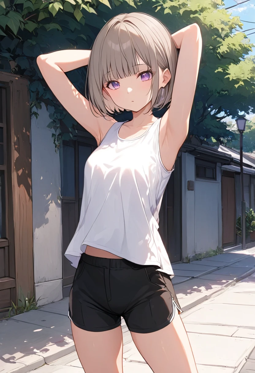 Girl, (light brown hair:1.5), (black eyes:1.1), (big eyes: 1.1), (sagging eyes: 1.5), (very long hair:1.1), hair between eyes，, black tank top, black shorts, white sneakers, (flat chest), (straight hair), very short, only , , 11 years old, ,, (short height:1.3),  young face , sleepy face, smooth straight hair, Soccer field, do sit-ups