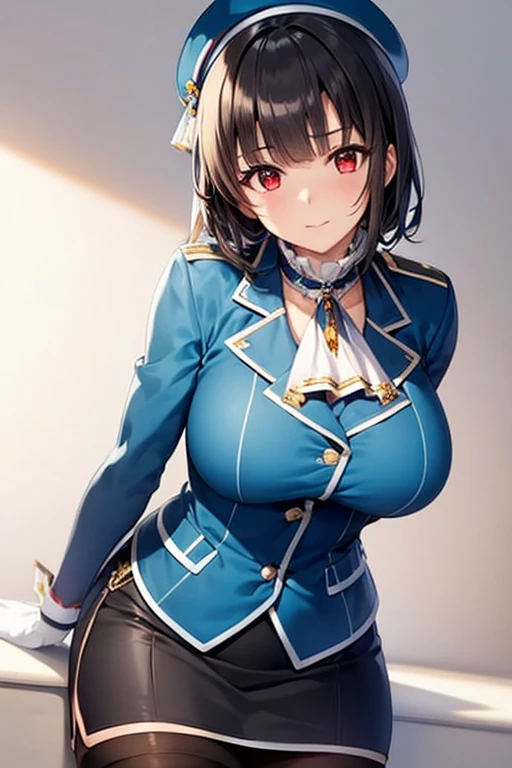(masterpiece, best quality:1.2),illustration,8k,hd,1girl,solo,upper body,(portrait:1.2),takao \(kancolle\),black hair,red eyes,short hair,large breasts,long sleeves,hat,black gloves,black thighhighs,miniskirt,blue skirt,military uniform,beret,garter straps,blue jacket,blue headwear,pencil skirt,