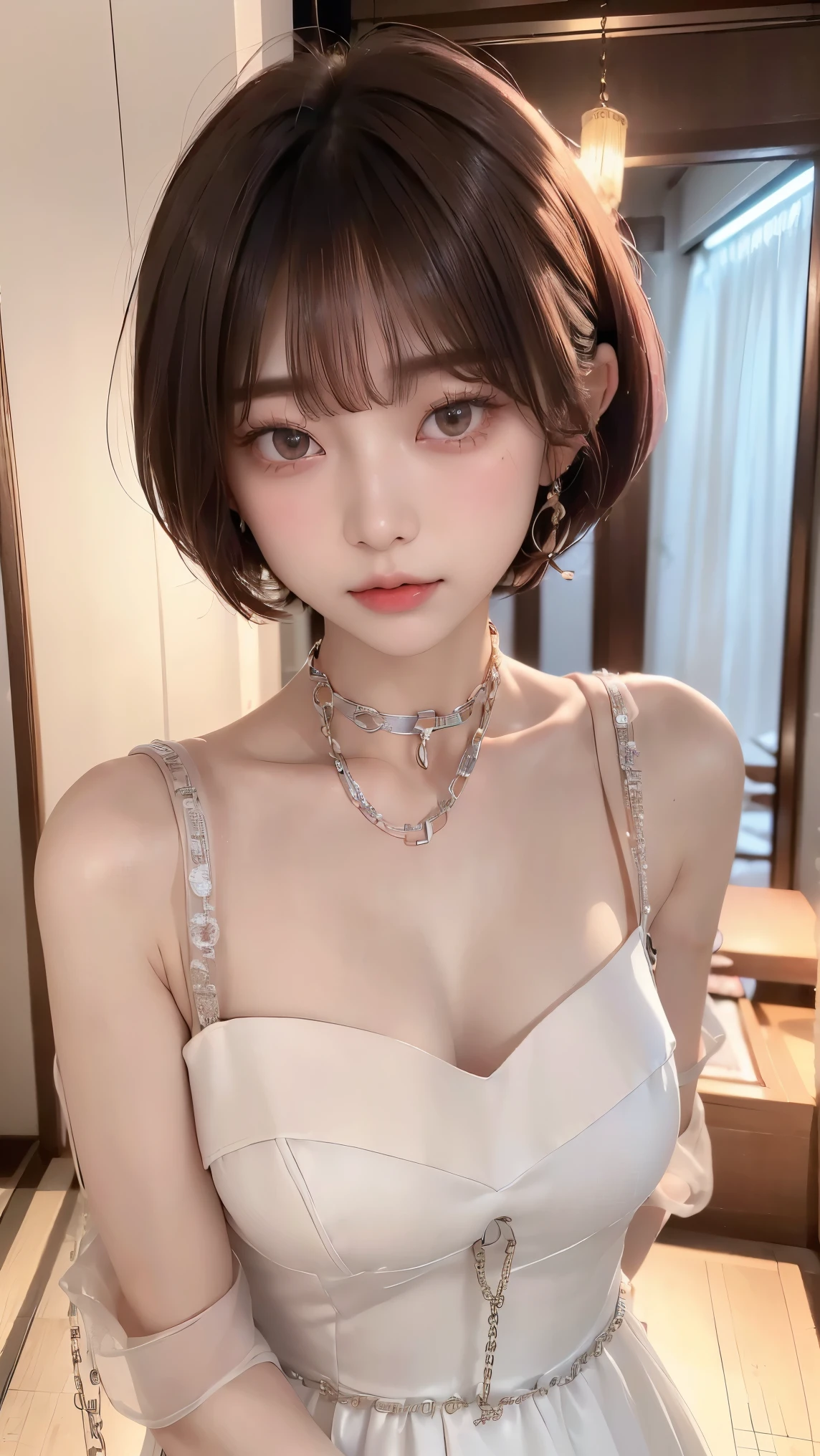 (highest quality:1.4)、(masterpiece:1.4)、RAW Photos、8k、((Best image quality))、 ((High resolution))、Beautiful face in every detail、Realistic human skin、Gentle expression、(One Woman:1.3)、Realistic、Photorealistic、(((Bob Hair)))、(The most beautiful woman:1.3)、(Cute Japanese Girl)、((Beautiful woman))、(Beautiful Hair)、((Dark brown hair))、(((Red cheeks)))、(Her eyes are big:1.3)、20 year old beauty、(Her face is small)、Small Head、((Long neck))、White skin、Immaculate skin、With bangs、Everyone longs for、Beautiful Japanese women、((eight-headed body))、(necklace)、((Bedroom))、((bed))、(negligee)、((Young women respect her))、(Blushing:1.3)、(Thick chain collar:1.3)、(Night Scene:1.3)、