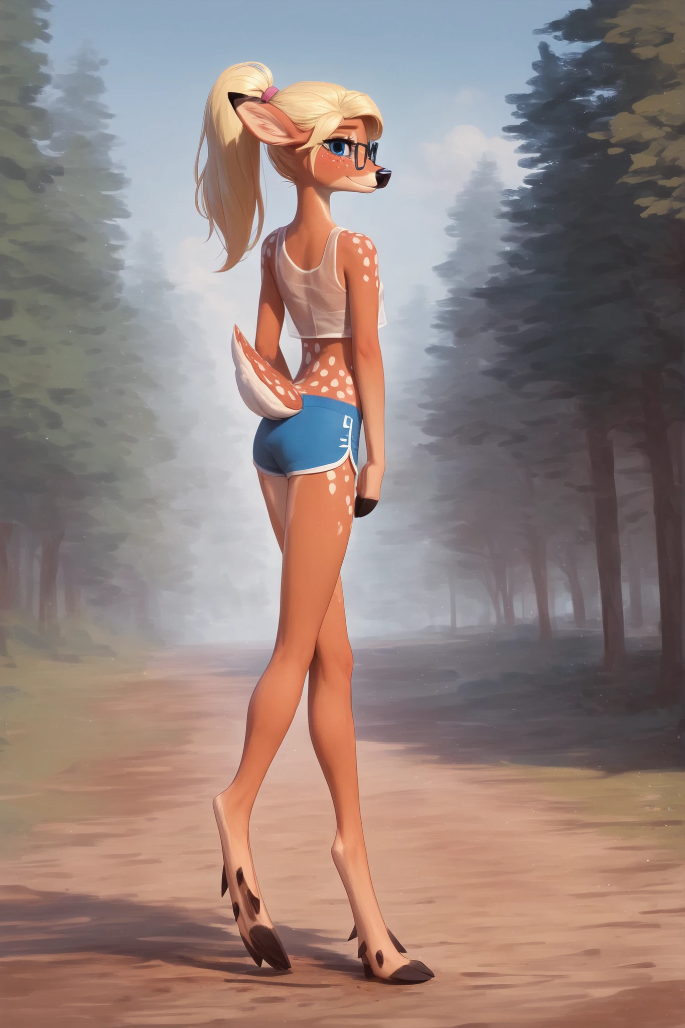 score_9, score_8_up, score_7_up, looking at viewer, smile, (face focus, eye focus), solo, freckles, young female, o, skinny, detailed skin, sweaty, sheer see-through tight slutty cropped tanktop, (perfect), microwaist, small ass, tight shorts, skimpy blue stripe running shorts, sexy, blonde hair, ponytail, big pretty blue eyes, innocent eyes, sexy, long lean legs, deer hooves feet, art by loimu, o, (((tween:1.4))), playful, forest path, dirt path, sunny day hike, walking towards viewer,
concept art, cell shading, masterpiece,
detailed face, beautiful, provocative, happy,
(anthro deer:1.5), deer tail, hooves, hooved feet, glasses