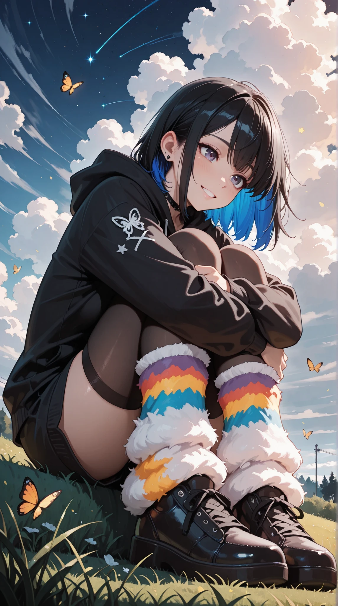 masterpiece, high_quality, highres, moody, emotional, cloudy Day, goth, low angle, woman, hoodie, thigh-highs, sitting, hugging legs, fluffy leg warmers, shoes, butterflies, grass, stars, Multicolor, Dynamic effect