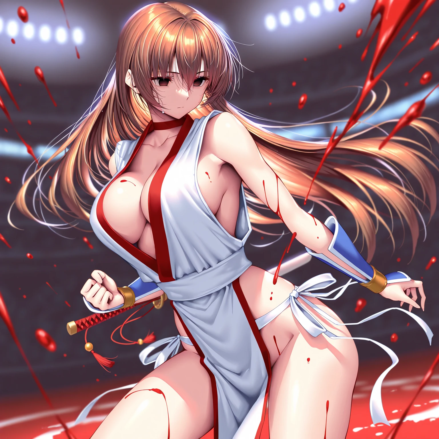 masterpiece, best quality, beautiful art, high resolution, well formed hands, body and fingers, 1 woman, solo, Mamako Oosuki, adult, big breasted, cleavage, full body, long hair, hair ornament, cosplaying as Mai Shiranui, gorgeous legs and thighs, ryona , in peril, she is being beaten up by her opponent, she is slapped in the face and being slammed against the floor, receiving the impact of her opponent's attacks, closed eyes, screaming in pain and agony, ryona and perilous scene, bouncing breasts, weak and helpless, martial arts tournament on the beach