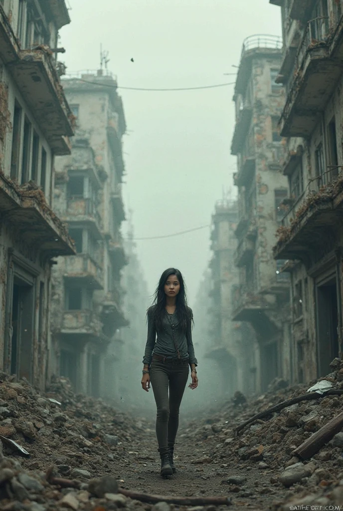 A young woman alone in a fallen city 